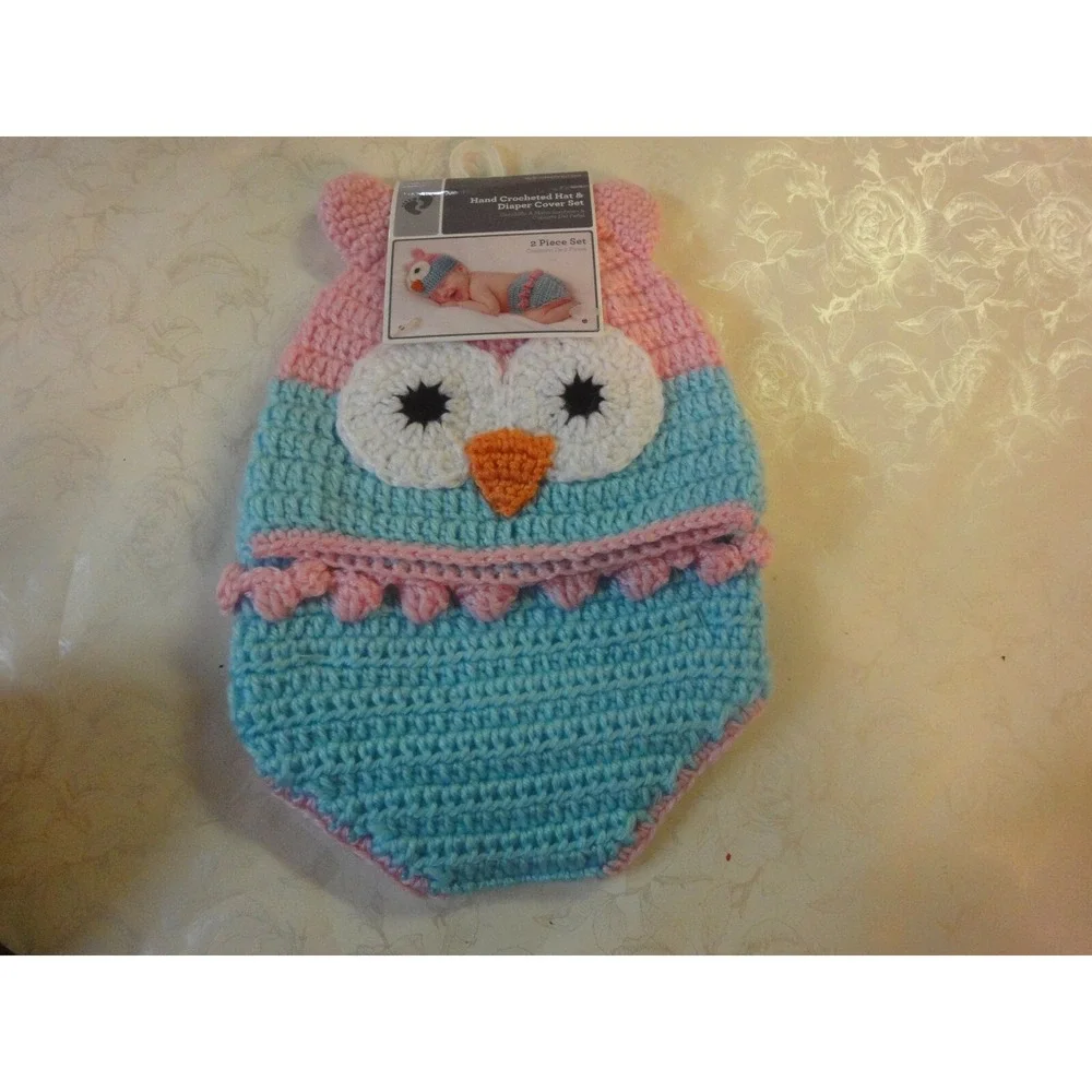 Hand crochet OWL 2 piece hat and diaper‎ cover infant 0-9M baby set NWT